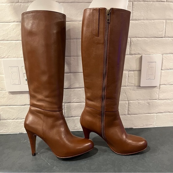 Faconnable sz 36 US 5.5-6 saddle brown leather tall heeled boots - Picture 3 of 16